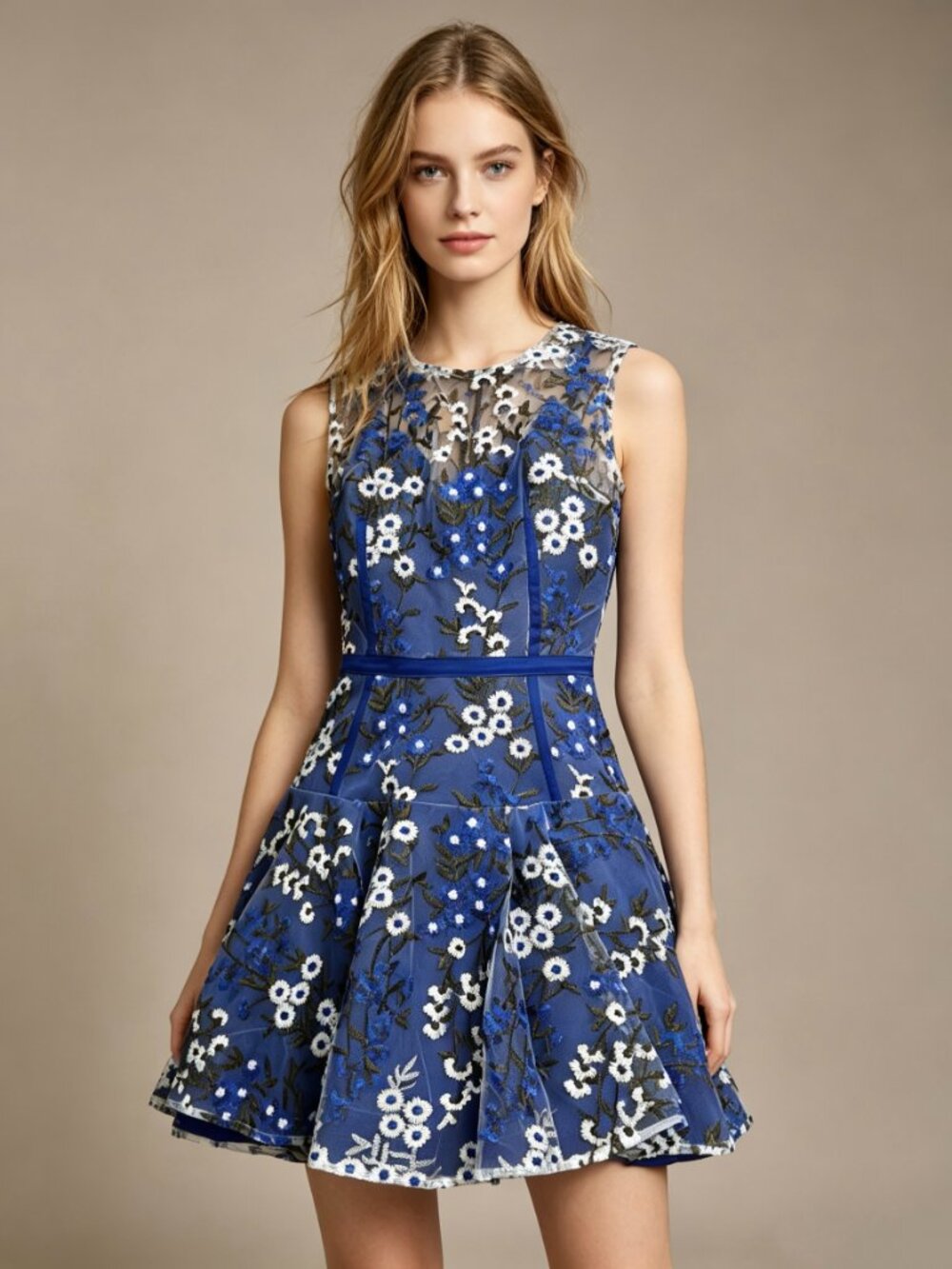 $498 BRONX & BANCO NWT Blue & White Floral Embroidered Mesh Cocktail Dress M 6